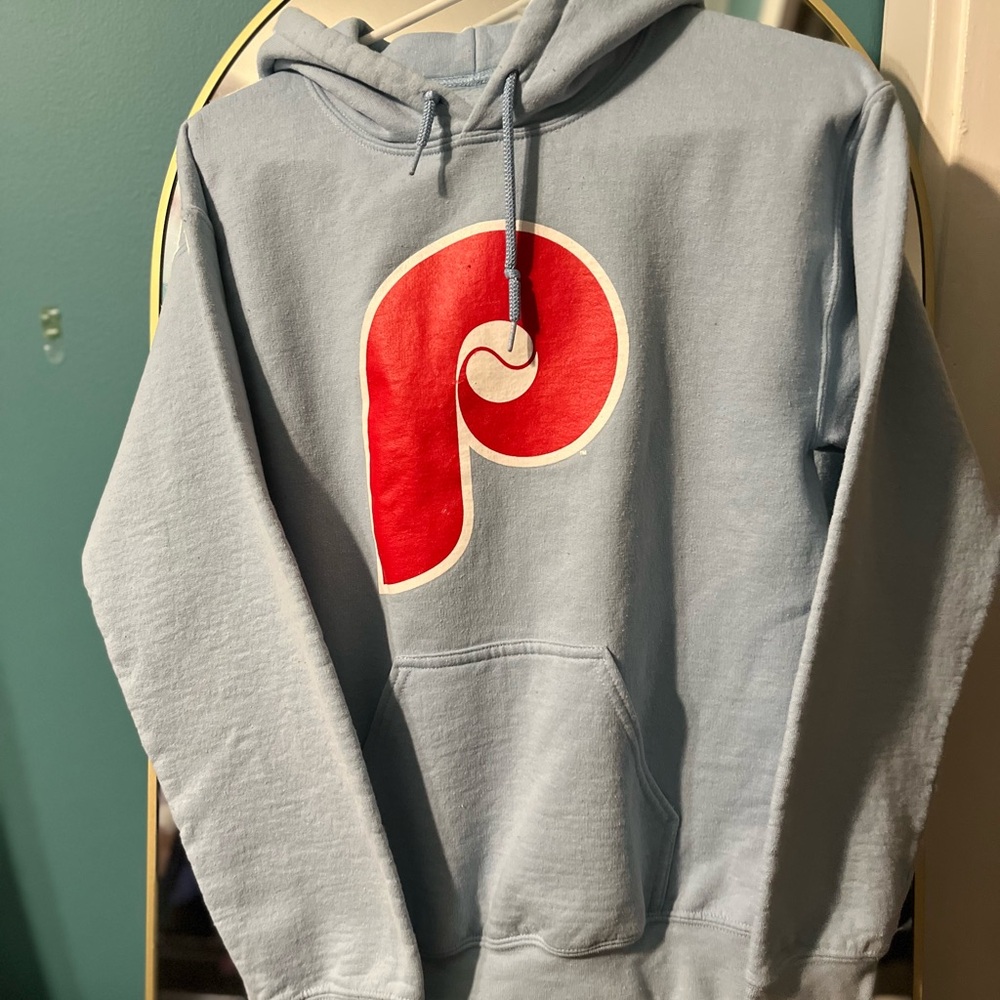Phillies Hoodie- Adult Small Light Blue Hoodie with Red Logo - Go Phils!
